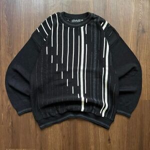 Vintage 80s GAS Monochrome 3D Knit Sweater Mens Large Black White Coogi Style